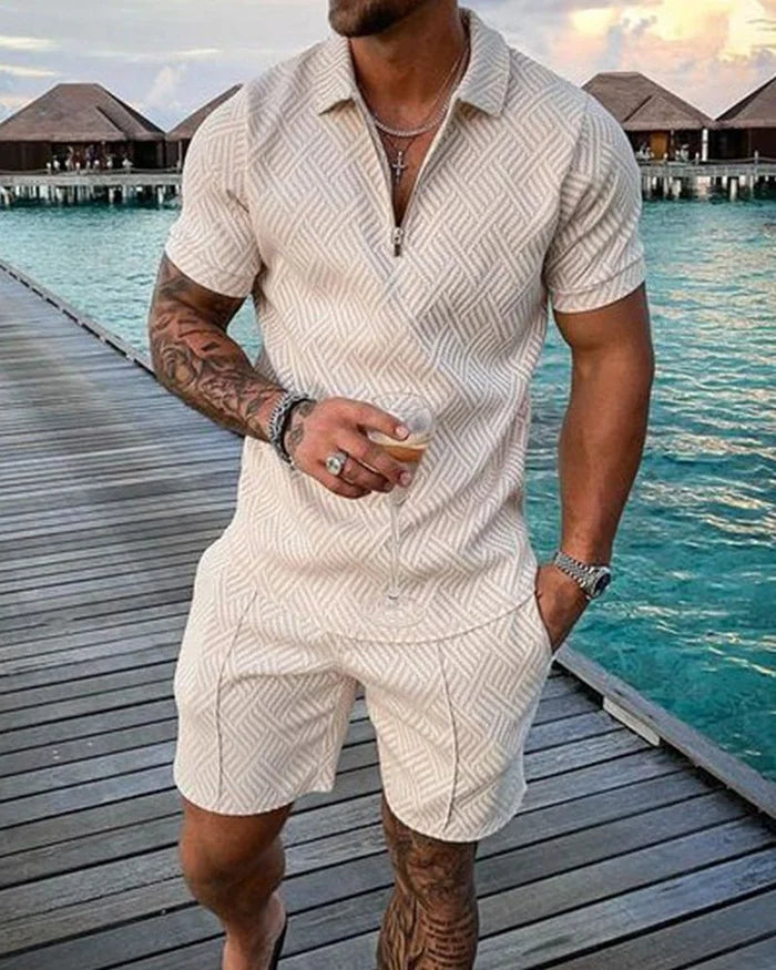 Cremefarbenes Poloshirt und Shorts mit Revers, Kombiteil
