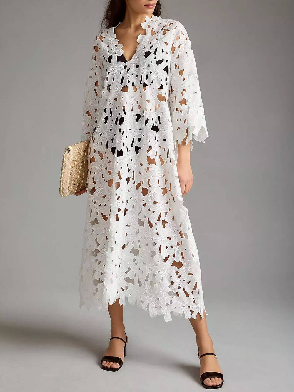 Raquel - Langärmliges Midikleid mit floralen Ösen