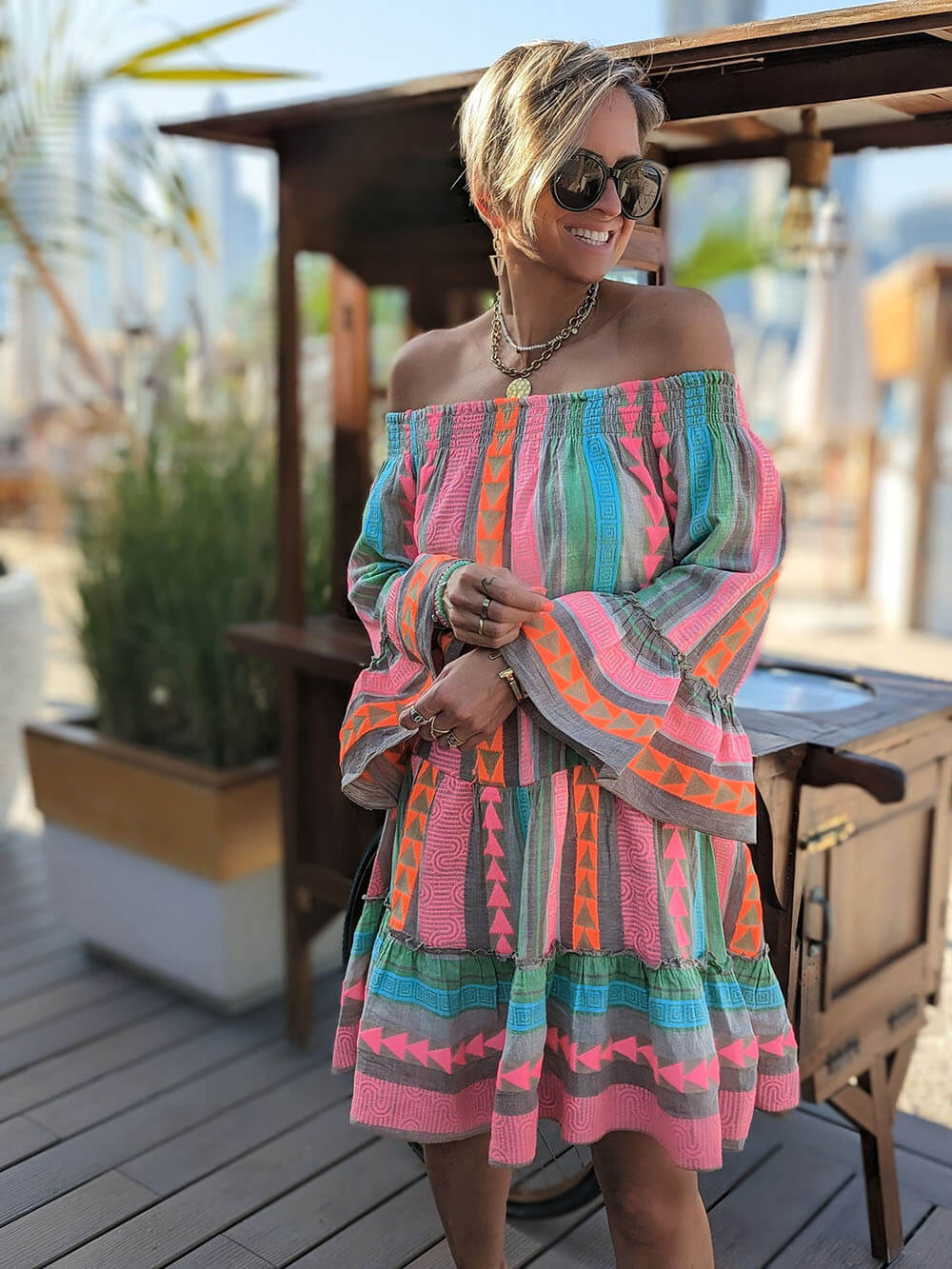Joyce - Schulterfreies Boho-Minikleid