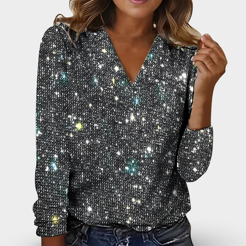 Claudia - Schicke Glitzernde V-Ausschnitt Diamantbluse