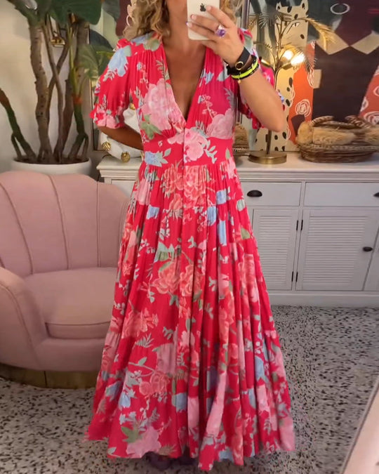 Catrisa - Kleid mit Blumenmuster, V-Ausschnitt und Taschen
