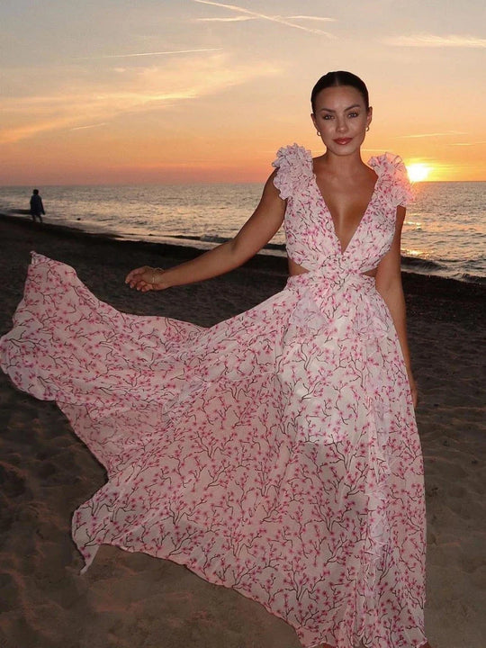 Lexi - Elegantes rückenfreies Maxikleid mit Rüschen