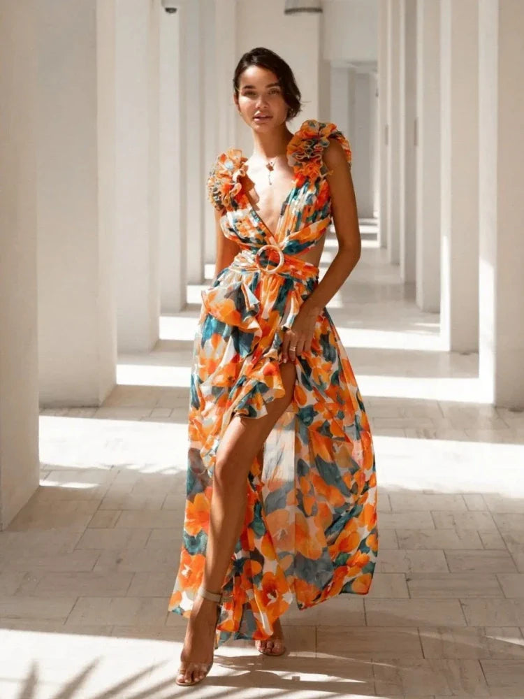 Lexi - Elegantes rückenfreies Maxikleid mit Rüschen