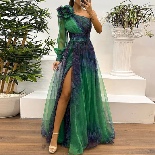 Judith - Trendiges Maxikleid mit One-Shoulder-Mesh-Print