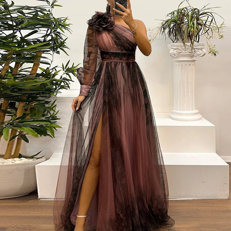 Judith - Trendiges Maxikleid mit One-Shoulder-Mesh-Print