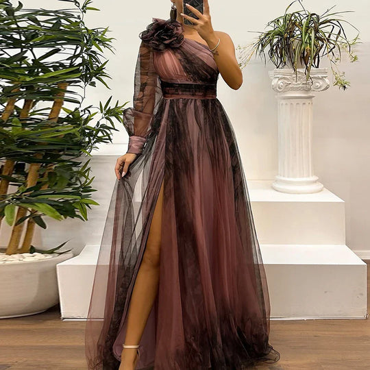 Judith - Trendiges Maxikleid mit One-Shoulder-Mesh-Print