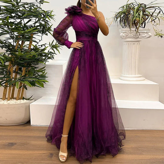 Judith - Trendiges Maxikleid mit One-Shoulder-Mesh-Print