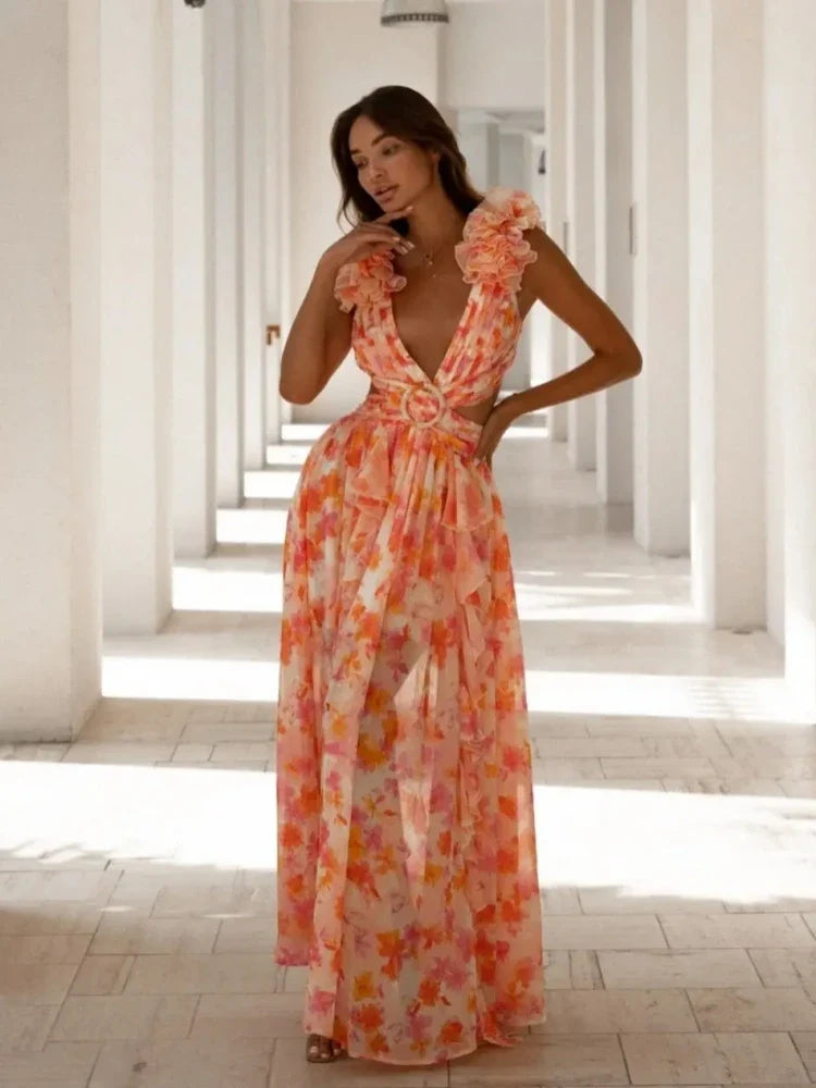 Lexi - Elegantes rückenfreies Maxikleid mit Rüschen
