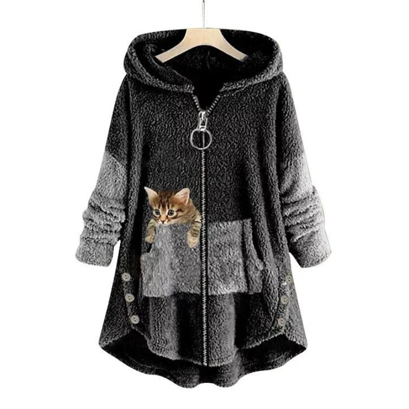 Sage - Weiche Plüsch-Hoodiejacke mit süßem Katzenprint