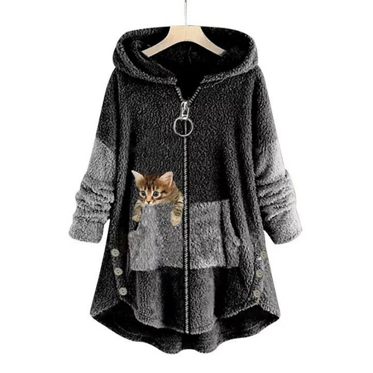 Sage - Weiche Plüsch-Hoodiejacke mit süßem Katzenprint