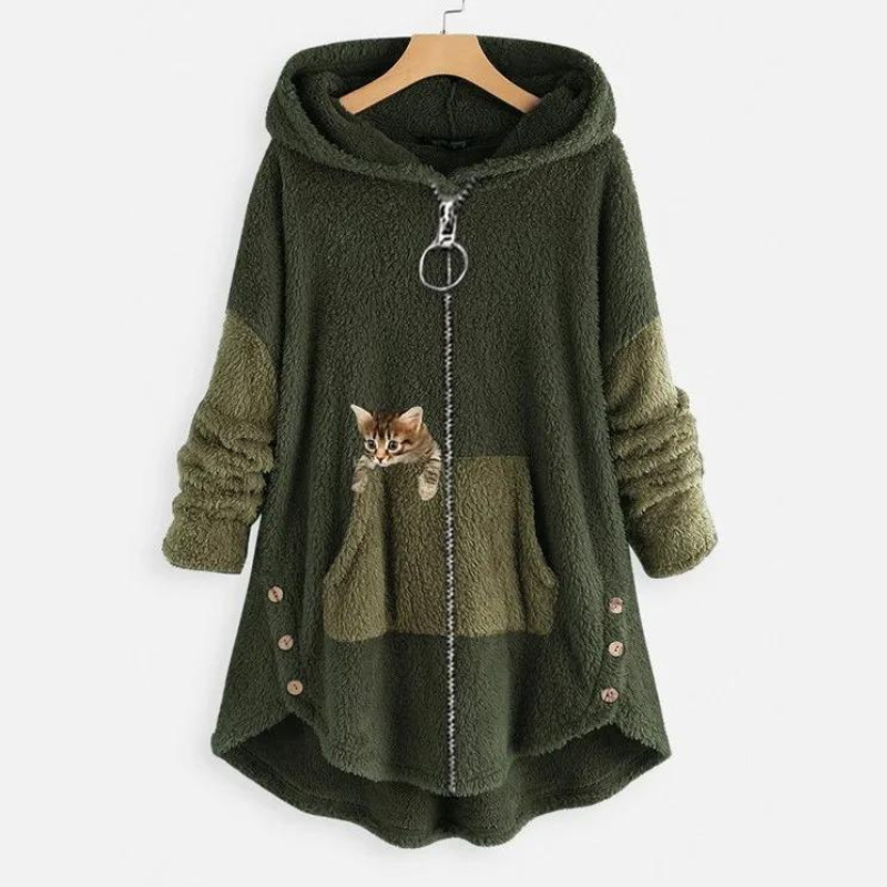 Sage - Weiche Plüsch-Hoodiejacke mit süßem Katzenprint