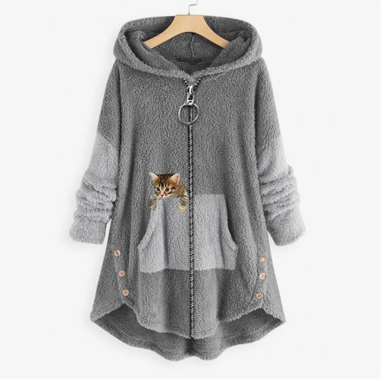 Sage - Weiche Plüsch-Hoodiejacke mit süßem Katzenprint
