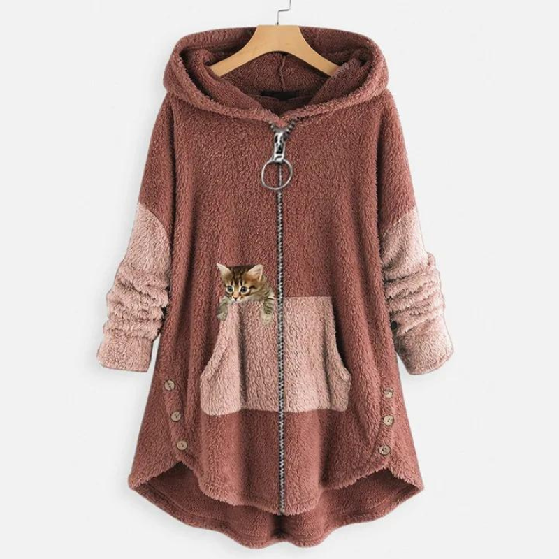 Sage - Weiche Plüsch-Hoodiejacke mit süßem Katzenprint