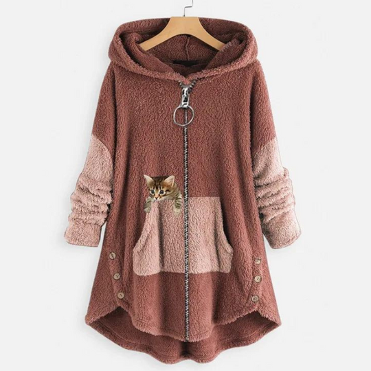Sage - Weiche Plüsch-Hoodiejacke mit süßem Katzenprint