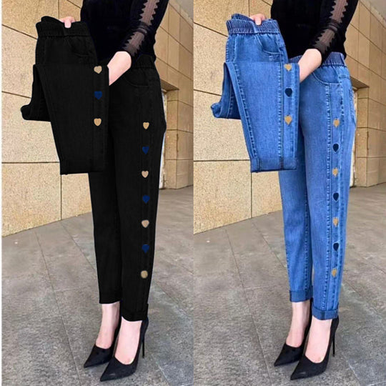 Eva - Damen-Jeans mit hoher Elastizität und Herzmuster-Stickerei
